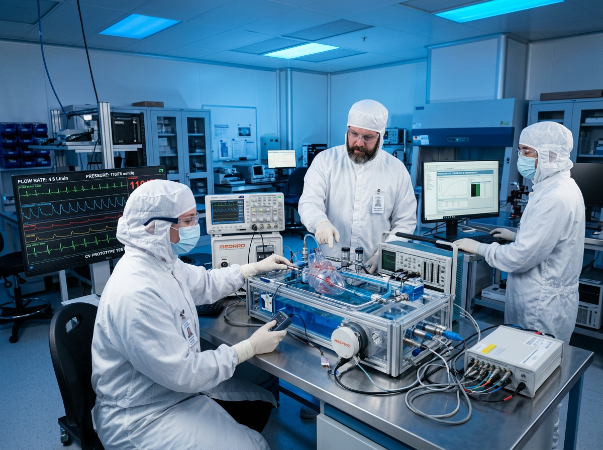 Medical device engineers testing cardiovascular prototype